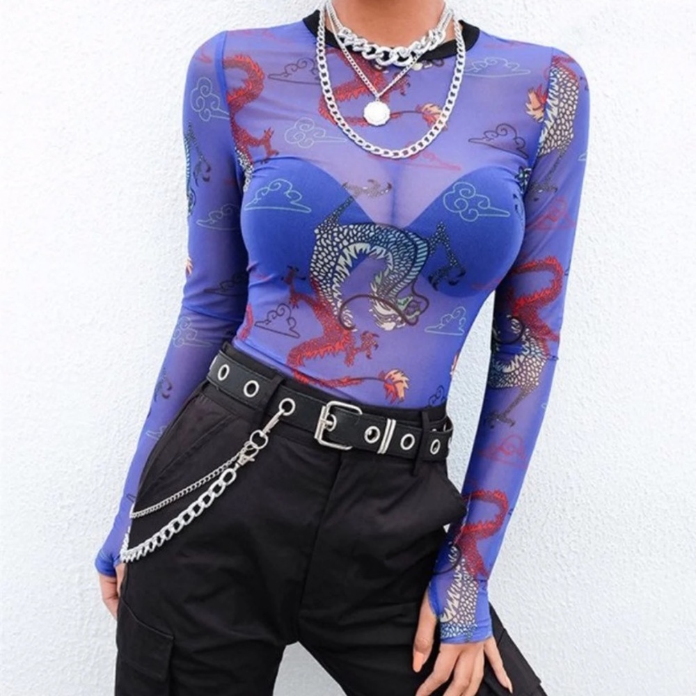 Mesh purple and blue dragon shirt